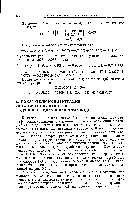 Концентрация отходов может быть измерена в единицах специфических соединений, в единицах классов соединений в отходах или в единицах потенциала, необходимого для того, чтобы вызвать в отходах нежелательные процессы. В случае органических отходов можно измерить общее содержание органического углерода, который участвует в углеродном и кислородном циклах и промотирует истощение кислорода, или непосредственно измерить потенциальные возможности органических веществ поглощать кислород путем аэробного разрушения. Этот второй показатель измеряется биохимической потребностью в кислороде (БПК). Двумя другими показателями концентрации сточных вод и качества воды являются химическая потребность в кислороде (ХПК) и общая потребность в кислороде. Сопоставление этих оценочных единиц приводится на диаграмме, показанной на рис. 6.5.1.