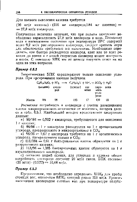 Полученная величина означает, что при полном окислении необходимо израсходовать 27,8 мг/л кислорода в воде. Поскольку вода в насыщенном состоянии при температуре 20°С содержит всего 9,2 мг/л растворенного кислорода, следует принять меры для обеспечения требуемого его количества. Необходимо определить, как быстро расходуется кислород, идет или не идет реакция до конца и с какой скоростью кислород может поступать в поток. С помощью ХПК мы не можем получить ответ ни на один из этих вопросов.