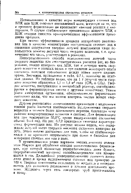 Другим результатом использования организмов с медленным темпом роста является необходимость выдерживания твердого вещества в течение более длительного периода, благодаря чему рабочие микроорганизмы остаются в системе. Для ферментации ила при температуре 35,0°С время выдерживания составляет обычно 2—4 нед. На рис. 6.7.2 приводится типичная характеристика ферментации ила. Из рисунка можно видеть, что содержание летучей части твердого вещества снизилось примерно на 50%. Этого вполне достаточно для того, чтобы ил стабилизировался и не причинял неприятности при сливе в бассейны для испарения сточных вод или в поле.