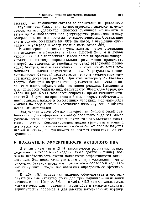 Компостирование может осуществляться путем стогования подготовленного материала в валки высотой 2—3 м и любой удобной длины в поперечнике. Валок время от времени поворачивают, и поэтому первоначально разложение происходит в аэробных условиях. В аэробных условиях разложение происходит быстрее, чем в анаэробных, при этом исключается возможность появления неприятного запаха. В результате жизнедеятельности бактерий генерируется тепло и температура внутри валка достигает 60—70°С. При этих температурах болезнетворные бактерии омертвляются и удаляется значительное количество влаги, образующейся во время реакции. Применение ферментаторов (один из них, ферментатор Фэрфилда-Харди, показан на рис. 6.8.1) позволяет сократить время компостирования до 3—5 суток по сравнению с 3 нед, которые требуются для поворачивания валков в естественных условиях. Получающийся компост по весу и объему составляет половину веса и объема исходных материалов.