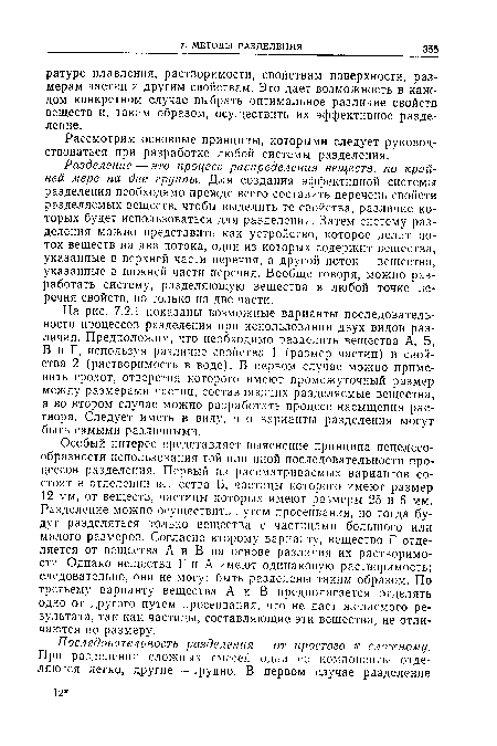 Разделение — это процесс распределения веществ, по крайней мере на две группы. Для создания эффективной системы разделения необходимо прежде всего составить перечень свойств разделяемых веществ, чтобы выделить те свойства, различие которых будет использоваться для разделения. Затем систему разделения можно представить как устройство, которое делит поток веществ на два потока, один из которых содержит вещества, указанные в верхней части перечня, а другой поток — вещества, указанные в нижней части перечня. Вообще говоря, можно разработать систему, разделяющую вещества в любой точке перечня свойств, но только на две части.