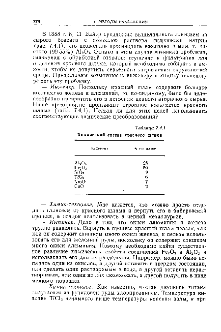 В 1888 г. К. И. Байер предложил выщелачивать глинозем из сырого боксита с помощью раствора гидроокиси натрия (рис. 7.4.1), что позволило производить ежегодно 5 млн. т. чистого (99,55%) А1203. Однако в этом случае возникла проблема, связанная с обработкой отходов: сгущение и фильтрация для отделения красного шлама, который необходимо собирать в емкости, чтобы не допустить серьезного загрязнения окружающей среды. Предоставим возможность инженеру и химику-технологу решать эту проблему.