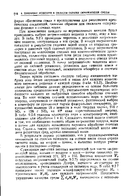 При применении каждого из перечисленных методов будет происходить выброс загрязняющих веществ в почву, воду и воздух. В табл. 9.2.4 приведены перечень и источники загрязняющих веществ, поступающих в эти среды. В воздух загрязнители попадают в результате гашения водой кокса из открытых градирен и дымовых труб силовых установок. В воду загрязнители поступают из коллектора сточных вод коксохимического производства, коллектора доменной печи (если гашение кокса производилось сточными водами), а также в результате отвода тепла от силовой установки. В почву загрязняющие вещества попадают из силовой установки, установок для гашения кокса и очистки воды для котельной, аммиачного абсорбера и системы биологической обработки.