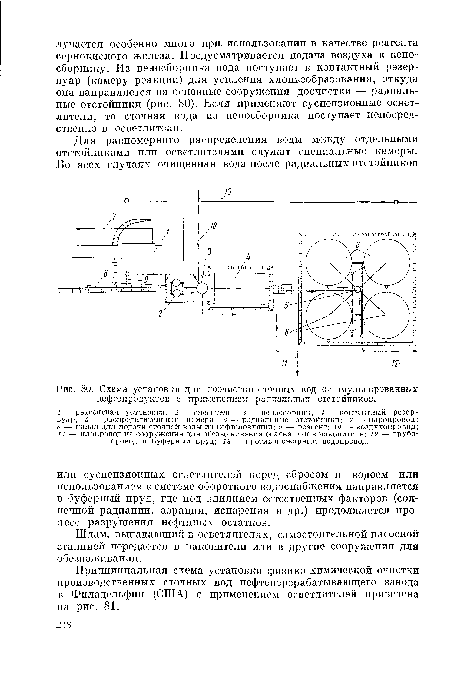 Схема установки для доочистки сточных вод от эмульгированных нефтепродуктов с применением радиальных отстойников.