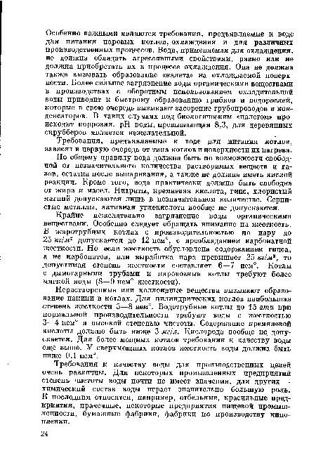 По общему правилу вода должна быть по возможности свободной от незначительного количества растворимых веществ и газов, остатка после выпаривания, а также не должна иметь кислой реакции. Кроме того, вода практически должна быть свободна от жира и масел. Нитраты, кремневая кислота, гипс, хлористый магний допускаются лишь в незначительном количестве. Сернистые металлы, активная углекислота вообще не допускаются.