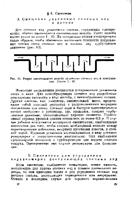 Для сточных вод различного состава, спускаемых одновременно, обычно применяются смесительные желоба. Такие желоба имеют уклон не менее 1 : 30. Их поперечные стенки вмонтированы таким образом, чтобы обеспечить постоянное изменение направления потока смеси сточных вод и создать ему турбулентное движение (рис. 13).