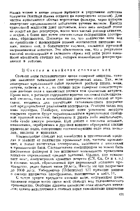 Концентрация сточных вод колеблется в значительных пределах и зависит от количества промывных вод, частоты промывания, а также количества электролита, вносимого с изделиями в промывочные баки. Следовательно концентрация не может быть постоянным фактором и это исключает возможность приведения каких-то определенных средних значений. Однако, как показывает опыт, концентрация ядовитых веществ (СК, Си, Сг и т. п.) в сточных водах, сбрасываемых при нормальных условиях производства, редко бывает ниже 10 мг/л. Иногда же она возрастает до 1000 мг/л. Уэберрейтер (11еЬеггеиег) [2] приводит данные о составе цианистых электролитов, помещенные в табл. 14.