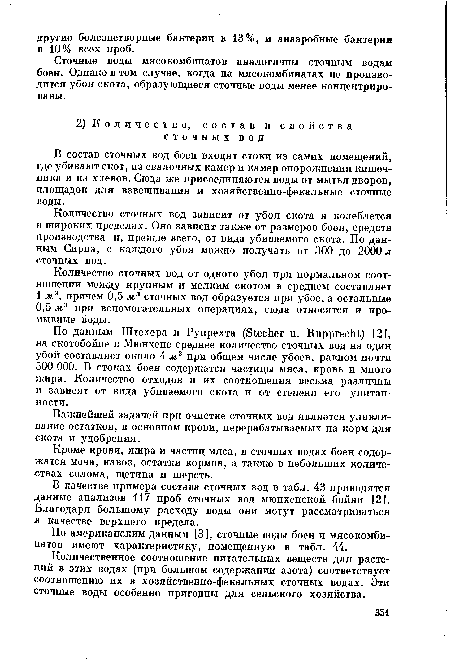 В состав сточных вод боен входят стоки из самих помещений, где убивают скот, из свалочных камер и камер опорожнения кишечника и из хлевов. Сюда же присоединяются воды от мытья дворов, площадок для взвешивания и хозяйственно-фекальные сточные воды.