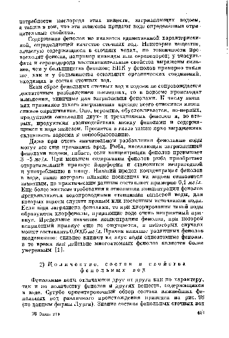 Если сброс фенольных сточных вод в водоем не сопровождается достаточным разбавлением последних, то в водоеме происходят изменения, типичные для загрязнения фенолами. К числу внешних признаков такого загрязнения прежде всего относится интенсивное окрашивание. Оно, вероятно, обусловливается, во-первых, продуктами окисления двух- и трехатомных фенолов и, во-вторых, продуктами взаимодействия между фенолами и содержащимся в воде железом. Бросается в глаза также ярко выраженная склонность водоема к ценообразованию.