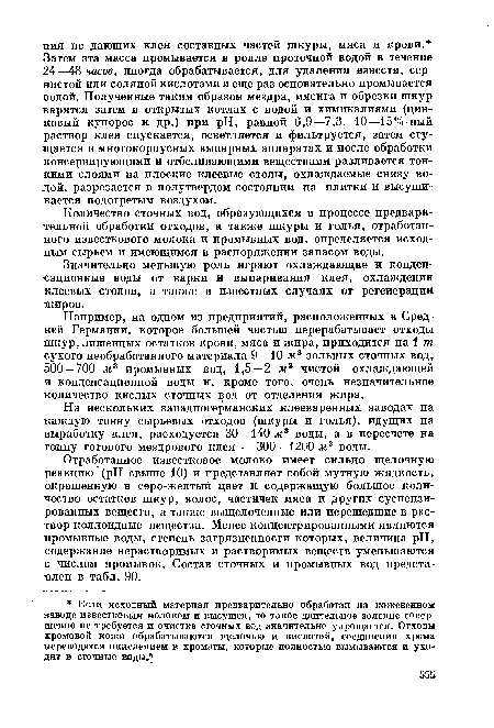 Отработанное известковое молоко имеет сильно щелочную реакцию (pH свыше 10) и представляет собой мутную жидкость, окрашенную в серо-желтый цвет и содержащую большое количество остатков шкур, волос, частичек мяса и других суспензированных веществ, а также выщелоченные или перешедшие в раствор коллоидные вещества. Менее концентрированными являются промывные воды, степень загрязненности которых, величина pH, содержание нерастворимых и растворимых веществ уменьшаются с числом промывок. Состав сточных и промывных вод представлен в табл. 90.