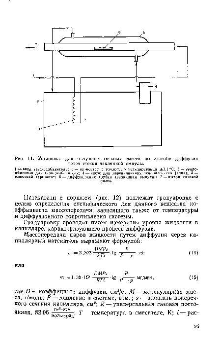 Натекатели с поршнем (рис. 12) подлежат градуировке с целью определения специфического для данного вещества коэффициента массопередачи, зависящего также от температуры и диффузионного сопротивления системы.