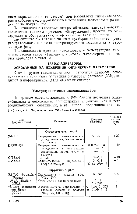 Ионизационный принцип использован в конструкциях газоанализаторов типов «Гамма» и «Сигма», характеристика которых приведена в табл. 20.