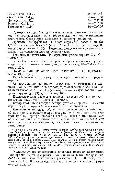 Пределы обнаружения: в анализируемом объеме пробы 1,2 мкг, в воздухе 5 мг/м3 (при отборе 15 л воздуха); погрешность определения ±10%. Предельно допустимые концентрации указанных углеводородов не установлены.