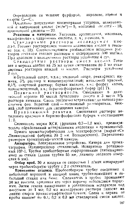 Предельно допустимые концентрации уксусной, валериановой и капроновой кислот (мг/ м3)—5, масляной кислоты—10, пропионовой кислоты — 20.