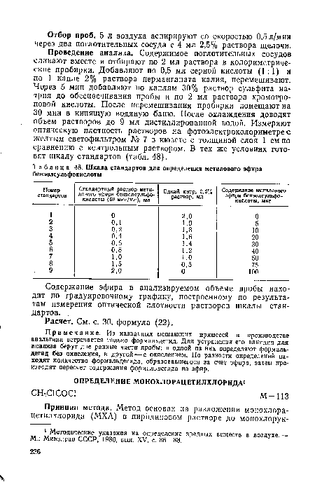 Проведение анализа. Содержимое поглотительных сосудов сливают вместе и отбирают по 2 мл раствора в колориметрические пробирки. Добавляют по 0,5 мл серной кислоты (1:1) и по 1 капле 2% раствора перманганата калия, перемешивают. Через 5 мин добавляют по каплям 30% раствор сульфита натрия до обесцвечивания пробы и по 2 мл раствора хромотро-повой кислоты. После перемешивания пробирки помещают на 30 мин в кипящую водяную баню. После охлаждения доводят объем растворов до 9 мл дистиллированной водой. Измеряют оптическую плотность растворов на фотоэлектроколориметре с желтым светофильтром № 7 в кювете с толщиной слоя 1 см по сравнению с контрольным раствором. В тех же условиях готовят шкалу стандартов (табл. 48).