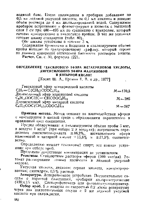 Предел обнаружения: а анализируемом объеме пробы 5 мкг, в воздухе 1 мг/м3 (при отборе 2 л воздуха); погрешность определения гексилметакрилата ±16,2%, дигексилового эфира малеиновой и янтарной кислот ±15,8% и ±21,3% соответственно.