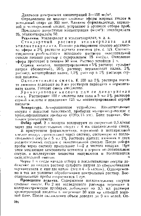 Определению не мешают сложные эфиры жирных кислот и метиловый спирт до 300 мкг. Влияние формальдегида, акриловой и метакриловой кислот, устраняют в процессе отбора проб.