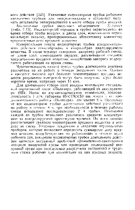 Чувствительность индикаторных трубок длительного действия рассчитана на их работу в течение нескольких часов. Однако в процессе анализа при больших концентрациях вредных веществ результаты измерений могут быть получены через более короткое время, например через 15 мин.