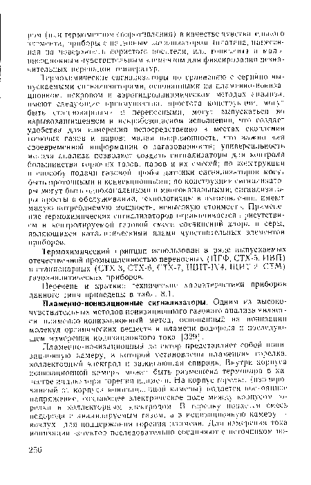 Пламенно-ионизационные сигнализаторы. Одним из высокочувствительных методов ионизационного газового анализа является пламенно-ионизационный метод, основанный на ионизации молекул органических веществ в пламени водорода и последующем измерении ионизационного тока [329].