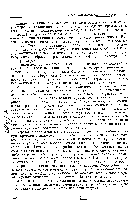 Данные таблицы показывают, что количества товаров и услуг в сфере обслуживания, приходящиеся на одного гражданина, тесно связаны с количеством энергии, потребляемой (прямо или косвенно) этим гражданином. Иначе говоря, наличие и использование энергии являются условиями высокого уровня жизни. Все это позволяет использовать американский опыт в глобальных оценках. Увеличение удельного спроса на энергию в развивающихся странах, подобное тому, которое испытывают ФРГ и США, в совокупности с ростом населения может привести к неконтролируемому выбросу загрязнителей в атмосферу в катастрофических размерах.