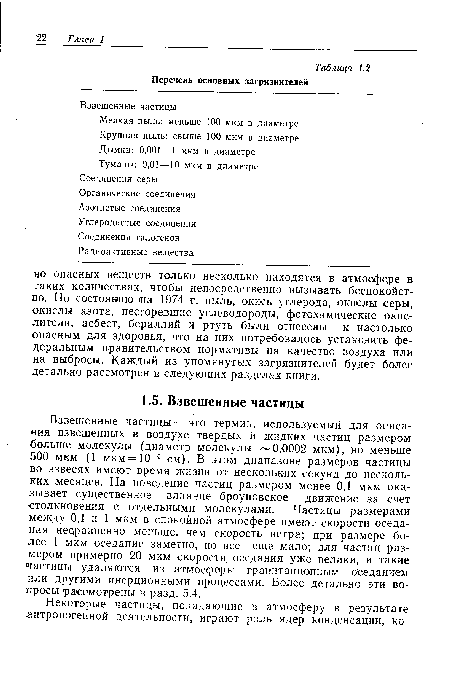 Взвешенные частицы — это термин, используемый для описания взвешенных в воздухе твердых и жидких частиц размером больше молекулы (диаметр молекулы 0,0002 мкм), но меньше 500 мкм (1 мкм=10-4 см). В этом диапазоне размеров частицы во взвесях имеют время жизни от нескольких секунд до нескольких месяцев. На поведение частиц размером менее 0,1 мкм оказывает существенное влияние броуновское движение за счет столкновения с отдельными молекулами. Частицы размерами между 0,1 и 1 мкм в спокойной атмосфере имеют скорости оседания несравненно меньше, чем скорость ветра; при размере более 1 мкм оседание заметно, но все еще мало; для частиц размером примерно 20 мкм скорости оседания уже велики, и такие частицы удаляются из атмосферы гравитационным оседанием или другими инерционными процессами. Более детально эти вопросы рассмотрены в разд. 5.4.