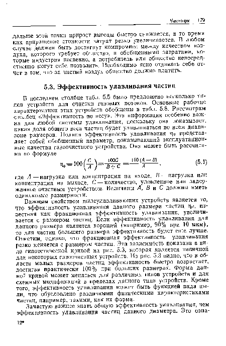 Важным свойством пылеулавливающих устройств является то, что эффективность улавливания данного размера частиц т , известная как фракционная эффективность улавливания, увеличивается с размером частиц. Если эффективность улавливания для данного размера является хорошей (например, 90% при 10 мкм), то для частиц большего размера эффективность будет еще лучше. Отметим, однако, что фракционная эффективность улавливания резко меняется с размером частиц. Эта зависимость показана в виде гипотетической кривой на рис. 5.3, которая является типичной для некоторых газоочистных устройств. Из рис. 5.3 видно, что в области малых размеров частиц эффективность быстро возрастает, достигая практически 100% при больших размерах. Форма данной кривой может меняться для различных типов устройств и для схемных модификаций в пределах данного типа устройств. Кроме того, эффективность улавливания может быть функцией вида пыли, что обусловлено различными физическими характеристиками частиц, например, такими, как их форма.