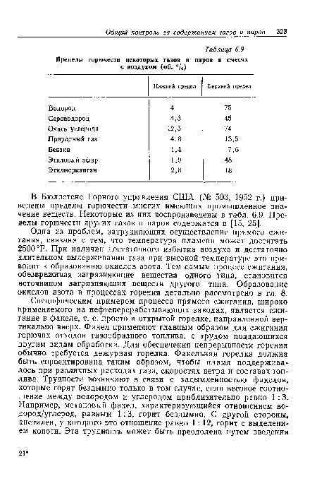 Одна из проблем, затрудняющих осуществление прямого сжигания, связана с тем, что температура пламени может достигать 2500 °Р. При наличии достаточного избытка воздуха и достаточно длительном выдерживании газа при высокой температуре это приводит к образованию окислов азота. Тем самым процесс сжигания, обезвреживая загрязняющие вещества одного типа, становится источником загрязняющих веществ другого типа. Образование окислов азота в процессах горения детально рассмотрено в гл. 8.