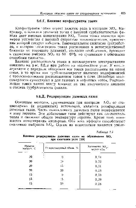 Конфигурация топки играет важную роль в контроле N0 . Например, циклонная угольная топка с высокой турбулентностью факела дает высокие концентрации N0 . Такая топка является примером устройства с высокой скоростью тепловыделения, применения которой следует избегать. Тангенциальное сжигание (устройство, в котором поглотитель тепла расположен в непосредственной близости от топочного пламени), согласно сообщениям, приводит к снижению выброса N0 на 50—60% по сравнению с обычными способами сжигания.