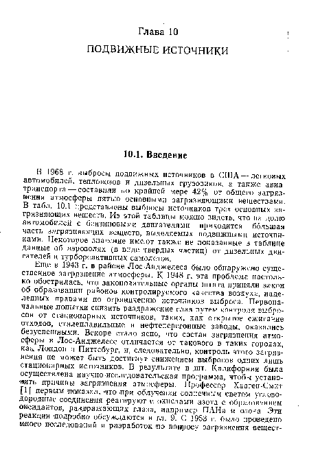 В 1968 г. выбросы подвижных источников в США — легковых автомобилей, тепловозов и дизельных грузовиков, а также авиатранспорта— составили по крайней мере 42% от общего загрязнения атмосферы пятью основными загрязняющими веществами. В табл. 10.1 представлены выбросы источников трех основных загрязняющих веществ. Из этой таблицы можно видеть, что на долю автомобилей с бензиновыми двигателями приходится большая часть загрязняющих веществ, выделяемых подвижными источниками. Некоторое значение имеют также не показанные в таблице данные об аэрозолях (в виде твердых частиц) от дизельных двигателей и турбореактивных самолетов.