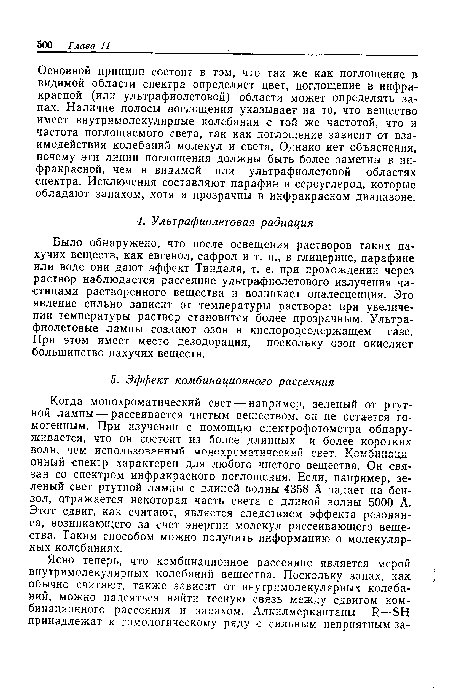 Было обнаружено, что после освещения растворов таких пахучих веществ, как евгенол, сафрол и т. п., в глицерине, парафине или воде они дают эффект Тиндаля, т. е. при прохождении через раствор наблюдается рассеяние ультрафиолетового излучения частицами растворенного вещества и возникает опалесценция. Это явление сильно зависит от температуры раствора: при увеличении температуры раствор становится более прозрачным. Ультрафиолетовые лампы создают озон в кислородсодержащем газе. При этом имеет ¿место дезодорация, поскольку озон окисляет большинство пахучих веществ.