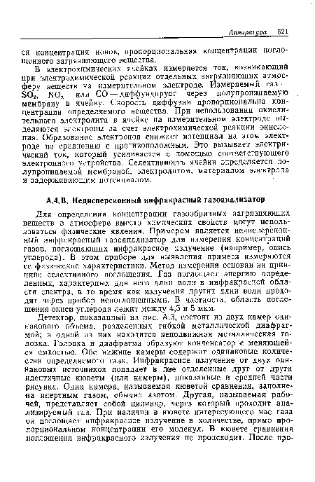 В электрохимических ячейках измеряется ток, возникающий при электрохимической реакции отдельных загрязняющих атмосферу веществ на измерительном электроде. Измеряемый газ — БОг, МО или СО — диффундирует через полупроницаемую мембрану в ячейку. Скорость диффузии пропорциональна концентрации определяемого вещества. При использовании окислительного электролита в ячейке на измерительном электроде выделяются электроны за счет электрохимической реакции окисления. Образование электронов снижает потенциал на этом электроде по сравнению с противоположным. Это вызывает электрический ток, который усиливается с помощью соответствующего электронного устройства. Селективность ячейки определяется полупроницаемой мембраной, электролитом, материалом электрода и задерживающим потенциалом.