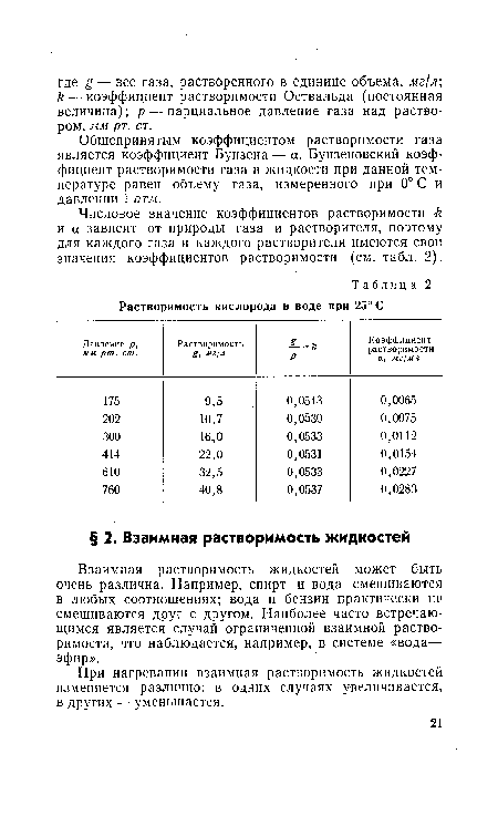 Числовое значение коэффициентов растворимости к и а зависит от природы газа и растворителя, поэтому для каждого газа и каждого растворителя имеются свои значения коэффициентов растворимости (см. табл. 2).