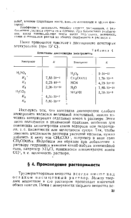 Ниже приводятся константы диссоциации некоторых электролитов (при 25° С).