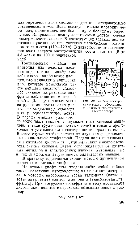 Трехкамерная ячейка не пригодна для очистки жестких вод, так как диафрагмы забиваются карбонатом кальция, это приводит к закупорке пор, которые приходится часто очищать кислотой. Наиболее сильное загрязнение диафрагм наблюдается в первой ячейке. Для устранения этого затруднения предложено раздельное выделение двухвалентных и одновалентных ионов.