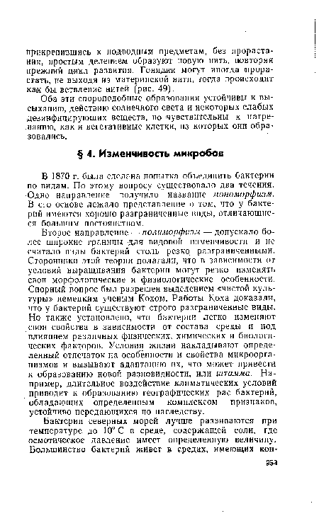 Второе направление — полиморфизм — допускало более широкие границы для видовой изменчивости и не считало виды бактерий столь резко разграниченными. Сторонники этой теории полагали, что в зависимости от условий выращивания бактерии могут резко изменять свои морфологические и физиологические особенности. Спорный вопрос был разрешен выделением «чистой культуры» немецким ученым Кохом. Работы Коха доказали, что у бактерий существуют строго разграниченные виды. Но также установлено, что бактерии легко изменяют свои свойства в зависимости от состава среды и под влиянием различных физических, химических и биологических факторов. Условия жизни накладывают определенный отпечаток на особенности и свойства микроорганизмов и вызывают адаптацию их, что может привести к образованию новой разновидности, или штамма. Например, длительное воздействие климатических условий приводит к образованию географических рас бактерий, обладающих определенным комплексом признаков, устойчиво передающихся по наследству.