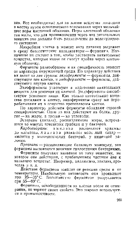 Ферменты разнообразны и их специфичность зависит от характера окружающей среды. По характеру действия их делят на две группы: эктоферменты — ферменты, действующие вне клетки, и эндоферменты — ферменты, действующие внутри клетки.