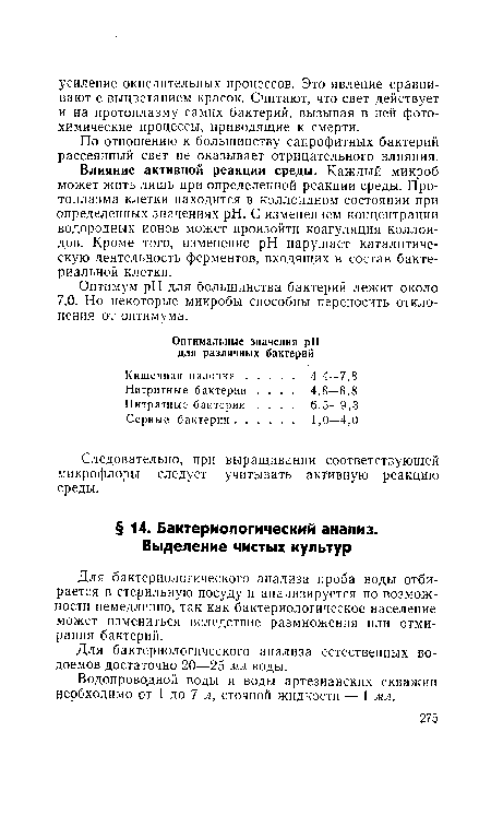 Для бактериологического анализа проба воды отбирается в стерильную посуду и анализируется по возможности немедленно, так как бактериологическое население может измениться вследствие размножения или отмирания бактерий.