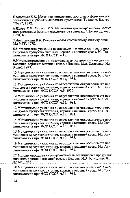 Ю.Методические указания по определению микроколичеств пестицидов в продуктах питания, кормах и внешней среде. М.: Гос-химкомиссия при МСХ СССР, ч.12, 1982.