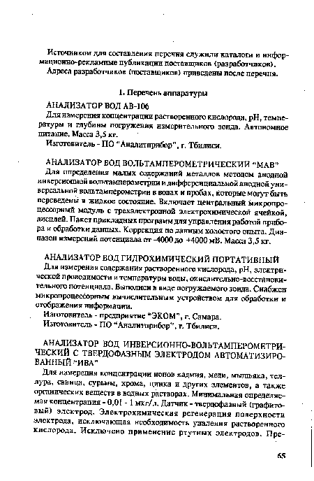 Адреса разработчиков (поставщиков) приведены после перечня.