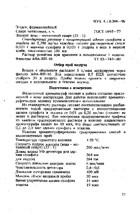 Стандартный раствор с концентрацией аденин сульфата и этадена по 0,200 мг/мл каждого готовят растворением смеси 0,020 г аденина сульфата и 0,020 г этадена в воде в мерной колбе, вместимостью 100 мл.