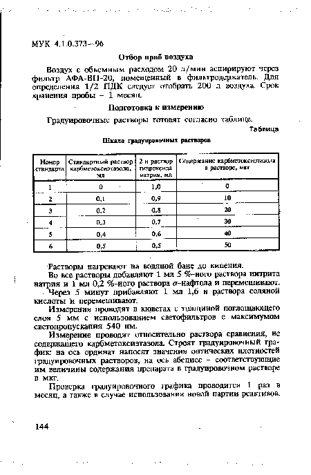 Воздух с объемным расходом 20 л/мин аспирируют через фильтр АФА-ВП-20, помещенный в фильтродержатель. Для определения 1/2 ПДК следует отобрать 200 л воздуха. Срок хранения пробы - 1 месяц.