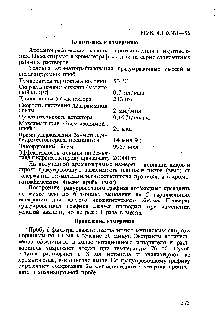 На полученной хроматограмме измеряют площади пиков и строят градуировочную зависимость площади пиков (мм2) от содержания 2а-метилдигидротестостерона пропионата в хроматографическом объеме пробы (мкг).