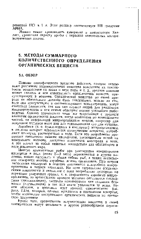 Аэробные (т. е. нуждающиеся в кислороде) микроорганизмы, в питании которых используются органические вещества, потребляют кислород, растворенный в воде. Если это потребление превышает пополнение свежим кислородом, поглощаемым водой на поверхности водоема, наступает недостаток кислорода в воде, а это влечет за собой тяжелые последствия для обитающего в воде животного мира.