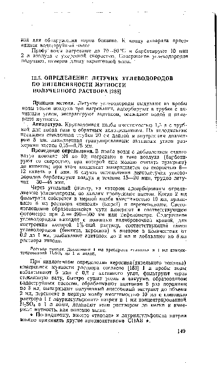 Пробу воды нагревают до 70—80 °С и барботируют 10 мин 2 л воздуха с умеренной скоростью. Содержание углеводородов получают, измерив длину окрашенной зоны.