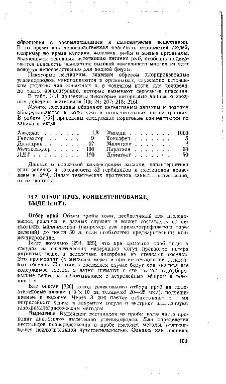 Данные о пороговой концентрации запахов, характеристика этих запахов и токсичности 32 гербицидов и пестицидов приведены в [289]. Запах технических продуктов зависит, естественно, от их чистоты.