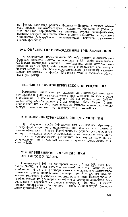 Измерение интенсивности окраски лигнинсульфоновых кислот проводят [142] непосредственно при X = 280 нм или в виде хлорлигнина. В последнем случае 100 мл пробы воды (pH = = 6,5—7,5) обрабатывают с 2 мл хлорной воды. Через 15 мин прибавляют 0,2 мл 25%-ного раствора аммиака и измеряют оптическую плотность желтого раствора при X — 420 нм.