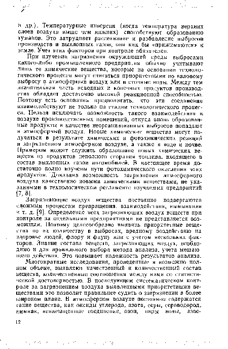 Загрязняющие воздух вещества постоянно подвергаются сложным процессам превращения, взаимодействия, вымывания и т. д. [9]. Определение всех загрязняющих воздух веществ при контроле за отдельными предприятиями не представляется возможным. Поэтому целесообразно выявить приоритетные вещества по их количеству в выбросах, вредному воздействию на здоровье людей, флору и фауну или с учетом нескольких факторов. Знание состава веществ, загрязняющих воздух, необходимо и для правильного выбора метода анализа, учета мешающего действия. Это повышает надежность результатов анализа.