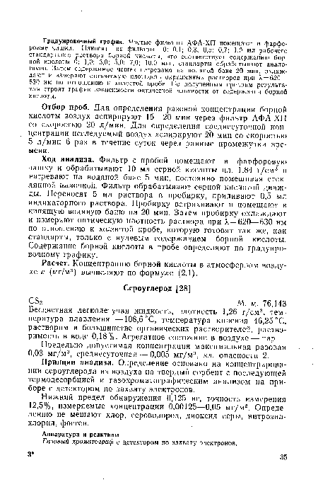 Нижний предел обнаружения 0,125 нг, точность измерения 12,5%, измеряемые концентрации 0,00125—0,05 мг/м3. Определению не мешают хлор, сероводород, диоксид серы, нитрозил-хлорид, фосген.