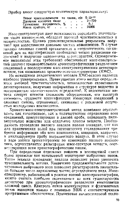 Из имеющихся аналитических методов ХМС-анализ является наиболее универсальным. Преимущества этого метода определяются высокой чувствительностью, возможностью селективного детектирования, получения информации о структуре вещества и возможностью количественных определений. К недостаткам метода следует отнести сложность оборудования, его высокую стоимость, трудности идентификации изомерных соединений в сложных смесях, ограничения, связанные с различной летучестью исследуемых компонентов.