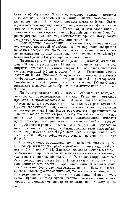 На бумагу наносят 0,05 мл пробы, обдувая ее воздухом, подогретым тешюэлектровептюштором. Разделение металлов проводят в хроматографической камере, на дно которой за 10 мин до хроматографирования вносят систему растворителей. Бумагу закладывают так, чтобы нижний край погружался в растворитель на 1 см. Когда растворитель продвинется на высоту 8 см от линии старта, бумагу извлекают, высушивают на воздухе и проявляют раствором виннокаменной кислоты путем двустороннего орошения, а затем через 1—2 мин раствором рубеановодородной кислоты с последующей обработкой аарами аммиака в течение 2—3 мин. При наличии меди наблюдается серо-зеленая зона т! 0,75, зона кобальта окрашена в желтый цвет К! 0,40, сине-фиолетовая зона характерна для никеля Ш 0,25.